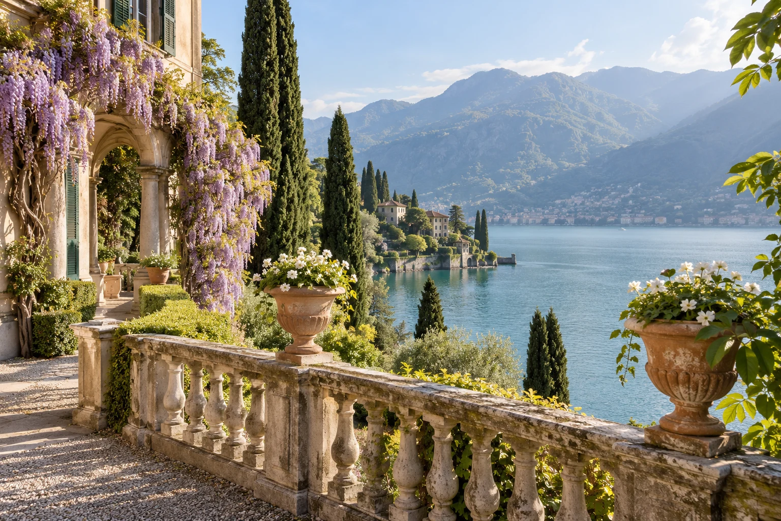 Terraced lakeside garden with stone balustrades, cypress trees and a view across Lake Como